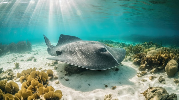 A stingray swims in the ocean with the sun shining on the water.