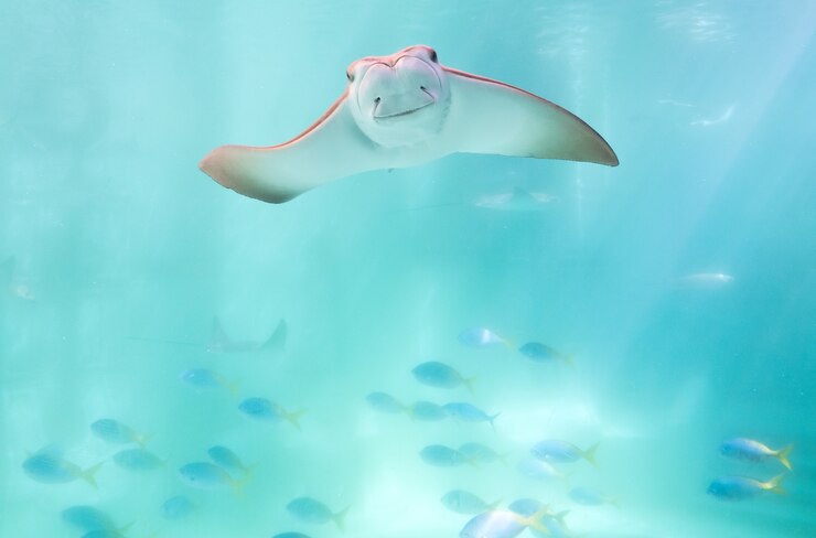 Stingray zwemmen onder blauwe oceaan als vliegen in de lucht en tegenover de camera