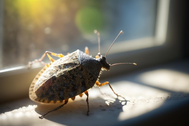 Stink bug in the sunshine on a windows glass surface