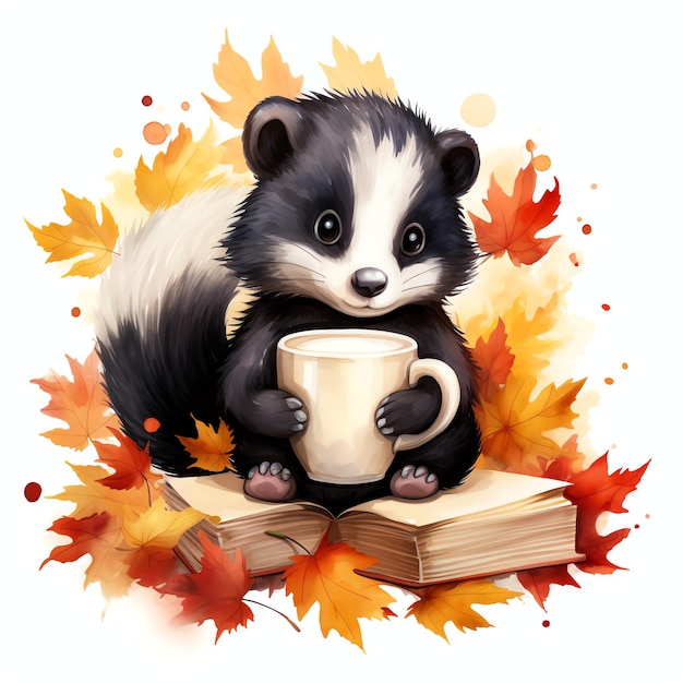 Stinkdier met boek en mok in herfstbos