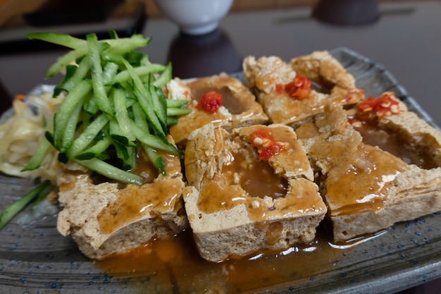 Stinky tofu, famous Taiwanese snack in a store