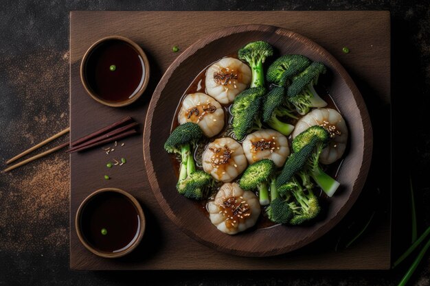 Stir cooked Scallops with mushroom in XO sauce of a white platter topped with broccoli Top view Dim sum served on a wooden tray