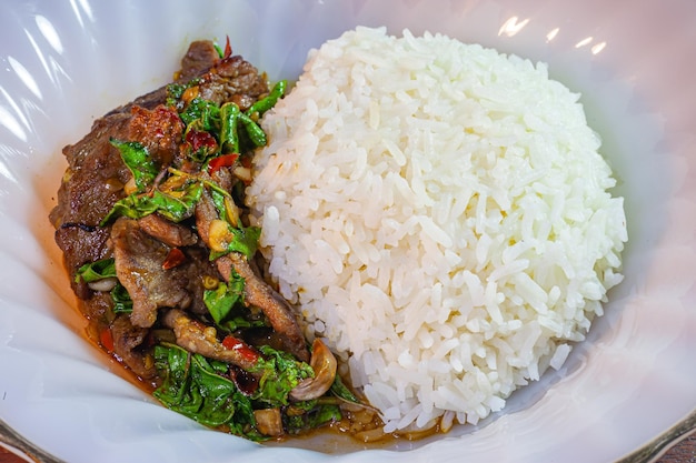 Stir Fried Basil with Beef on Rice