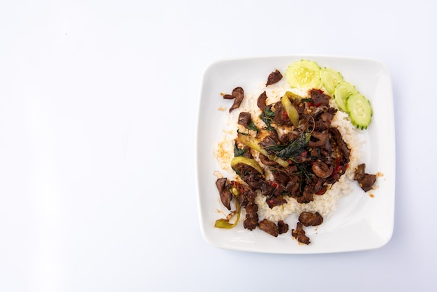 Stir Fried Basil with Chicken offal Entrails on Rice