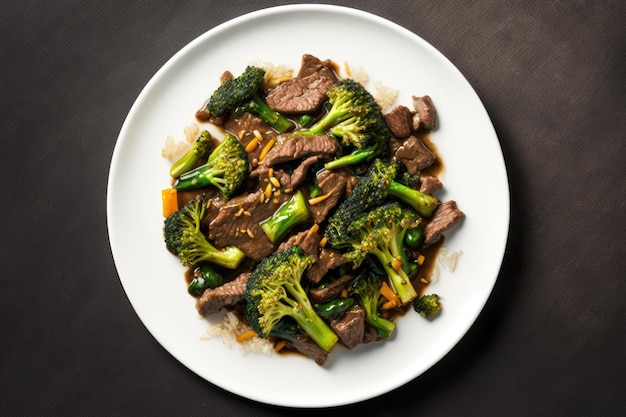 Stir fried beef and broccoli served on a white plate Horizontal top down lay