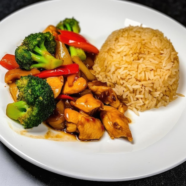 Stir fried chicken with rice and vegetables on a white plate