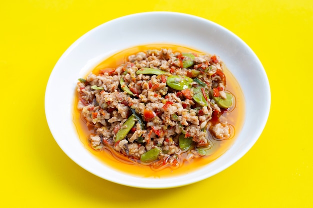 Stir fried chicken with stink beans and shrimp paste. Thai food