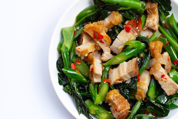 Stir fried chinese kale with crispy pork belly