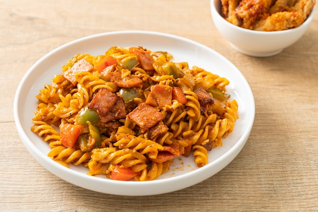 stir fried fusilli pasta with ham and tomatoes sauce