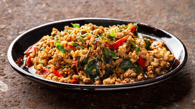 Photo stir fried holy basil with minced pork one of popular thai food pad gaprao moo sub pat gra prao moo sap pud kaprao mhoo sab put kra prao mhoo sup phat kaphrao mooh sub phad krapow mooh sub