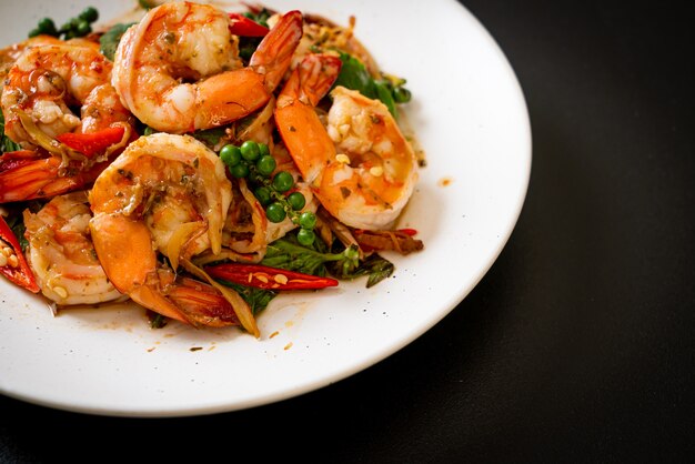 stir fried holy basil with shrimps and herb - Asian food style