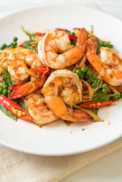 stir fried holy basil with shrimps and herb - asian food style