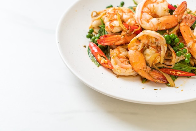 stir fried holy basil with shrimps and herb asian food style