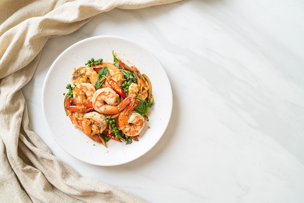 stir fried holy basil with shrimps and herb