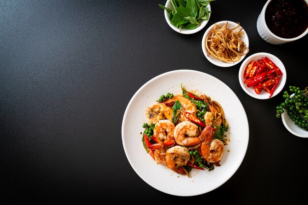 stir fried holy basil with shrimps and herb