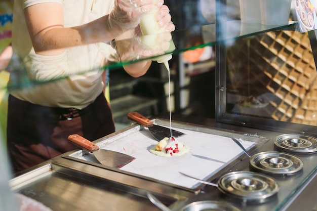 Stir-fried ice cream rolls at freeze pan