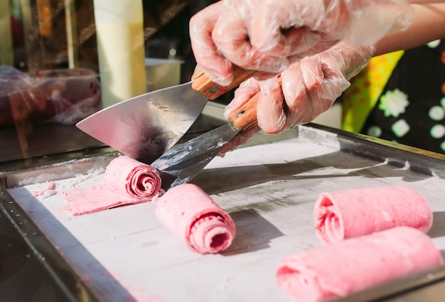 Stir-fried ice cream rolls at freeze pan