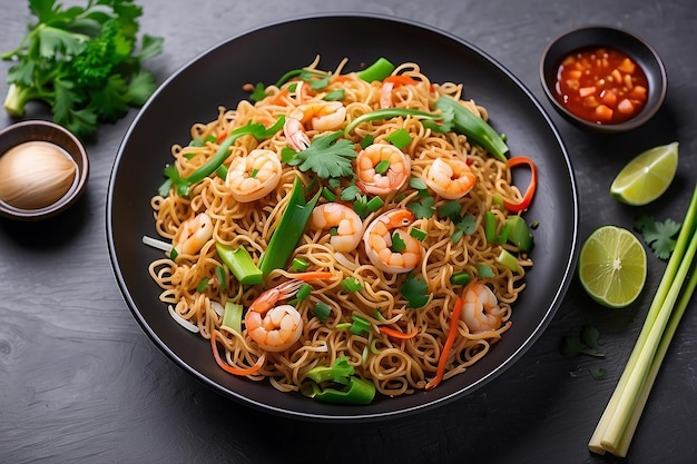 Stir Fried Instant Noodles with Shrimps Asian Thai food fusion style easy dish street food poppular decorate vegetable spring onion and leek topview