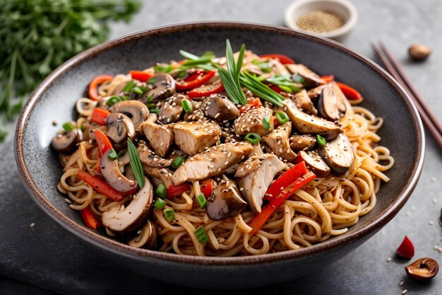 stir fried noodles with chicken and vegetables