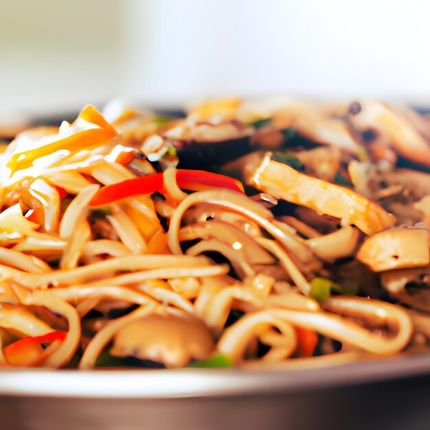 Stir fried noodles with mushrooms chicken and vegetables in wok on white wooden table closeup