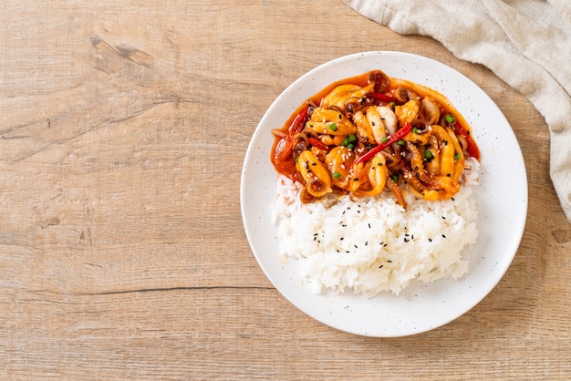 stir-fried octopus or squid and Korean spicy paste (osam bulgogi) with rice