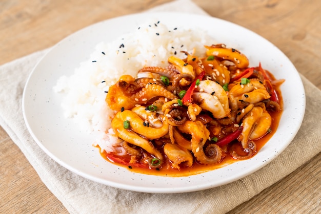 stir-fried octopus or squid and Korean spicy paste (osam bulgogi) with rice