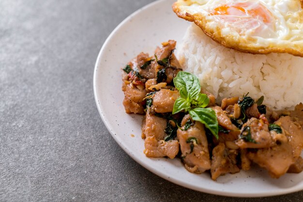 stir-fried pork with basil  on rice and fried egg