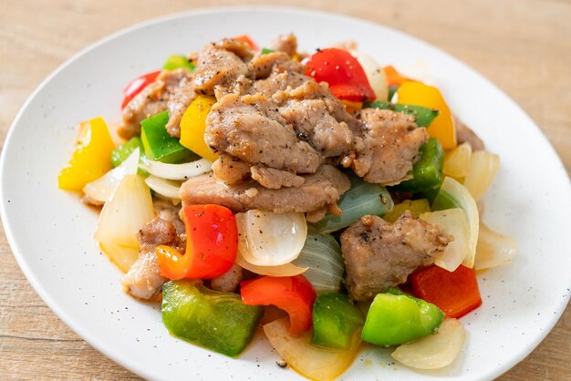 Stir fried pork with black pepper on plate