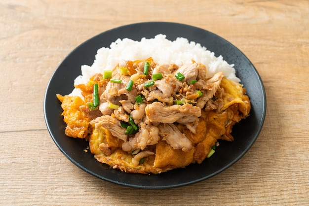 stir-fried pork with garlic and egg topped on rice - Asian food style