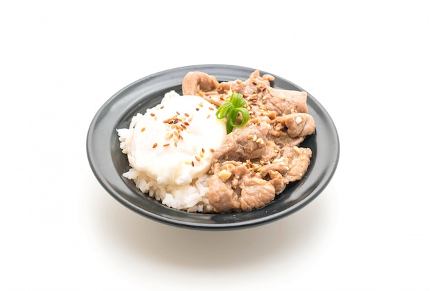 stir-fried pork with garlic on topped rice with egg