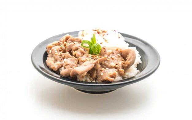 stir-fried pork with garlic on topped rice with egg