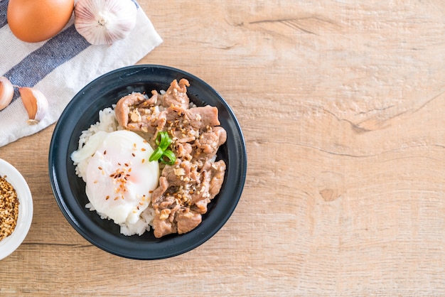 stir-fried pork with garlic on topped rice with egg