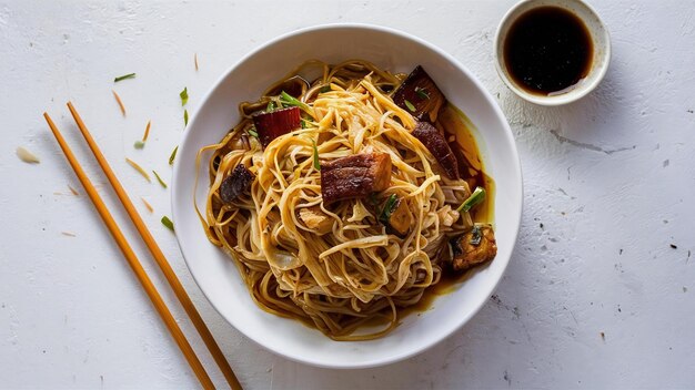 Stir fried rice noodles with soy sauce and pork on white background