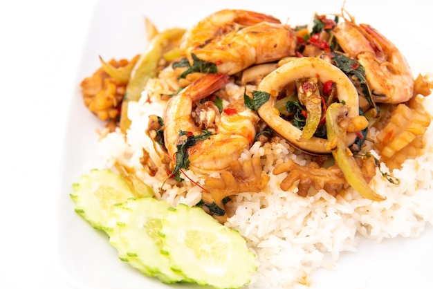 Stir Fried Seafood with Basil on Rice