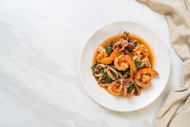 stir-fried seafood with Thai basil