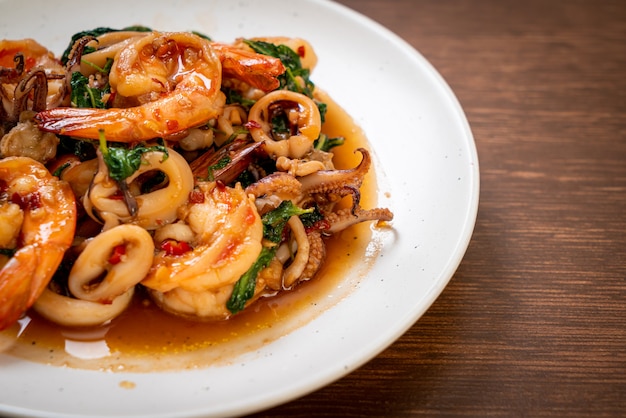 stir-fried seafood with Thai basil