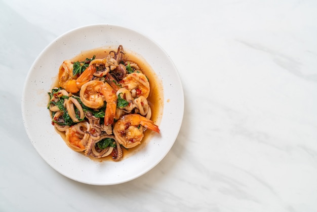 stir-fried seafood with Thai basil