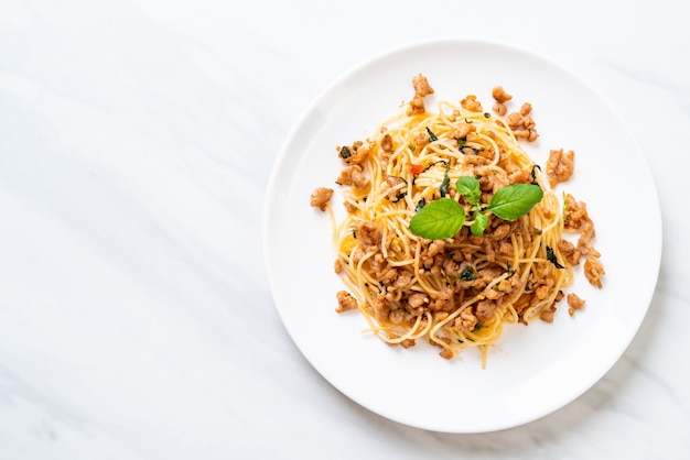 stir fried spaghetti with minced pork and basil