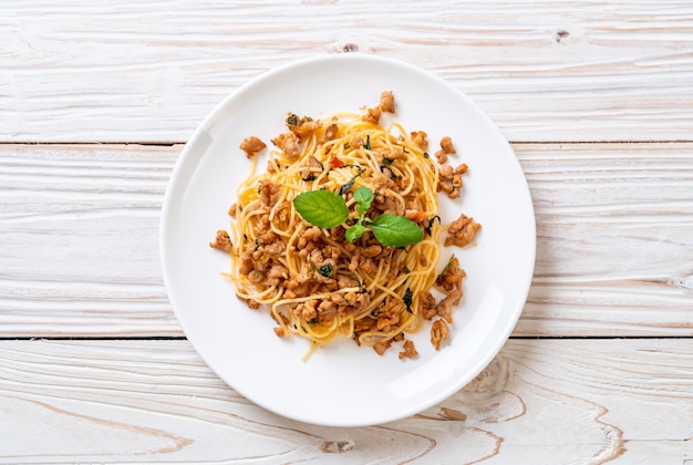 stir fried spaghetti with minced pork and basil