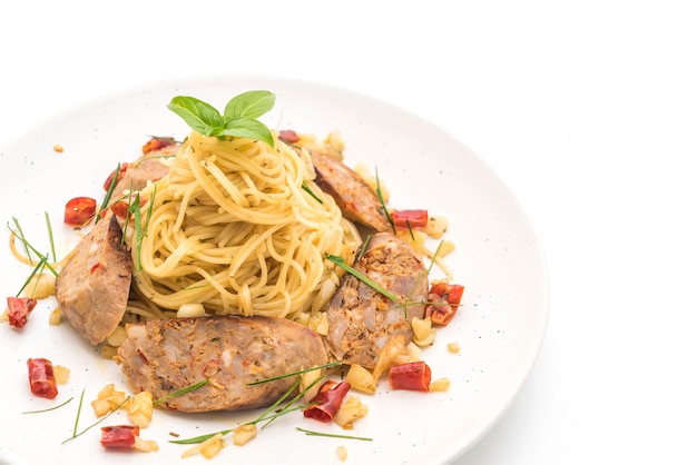 Stir-Fried Spaghetti with Sai Aua (Notrhern Thai Spicy Sausage)