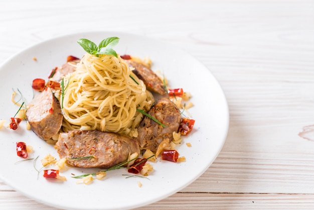 Stir-Fried Spaghetti with Sai Aua (Notrhern Thai Spicy Sausage)