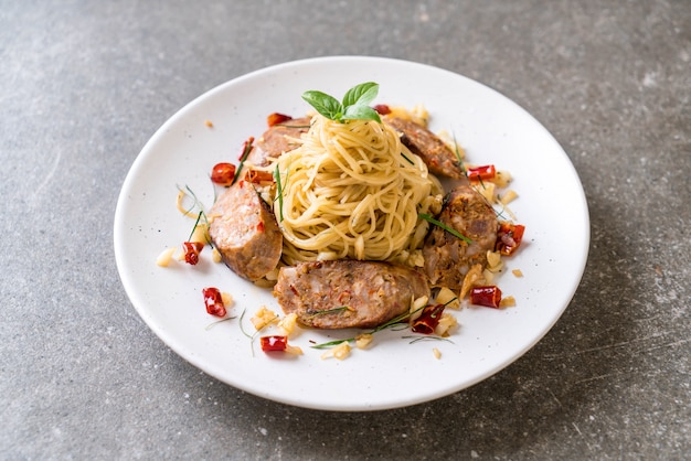 Stir-Fried Spaghetti with Sai Aua (Notrhern Thai Spicy Sausage)