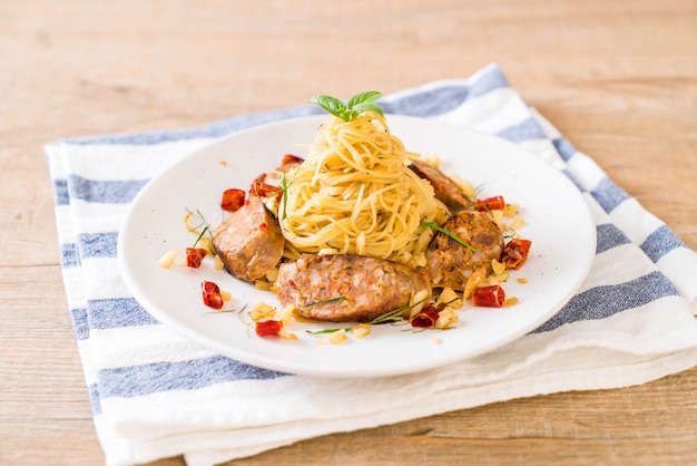 Stir-Fried Spaghetti with Sai Aua (Notrhern Thai Spicy Sausage)