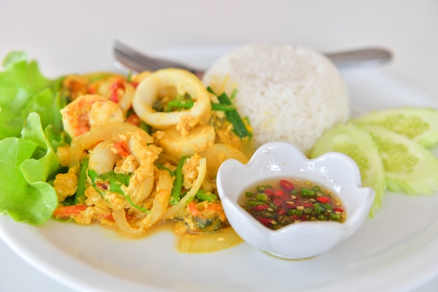 Stir fried squid with curry, Thai cuisine.