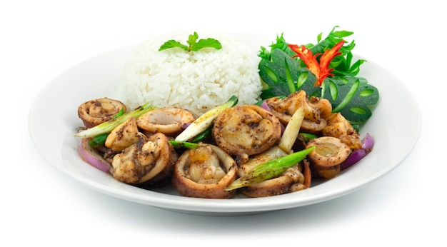 Stir Fried Squids with black pepper served Rice recipe decoration carving vegetables Thaifood Style sideview