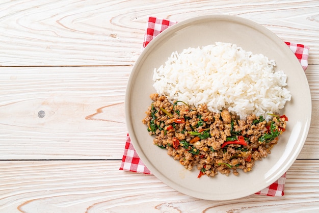 Stir fried Thai basil with minced pork and chilli on topped rice - Thai local food style