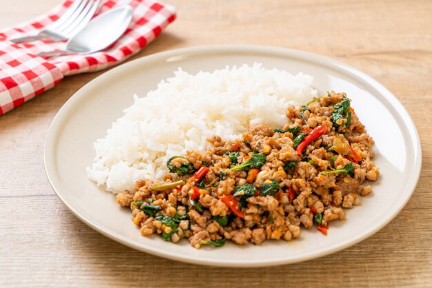 Stir fried Thai basil with minced pork on topped rice