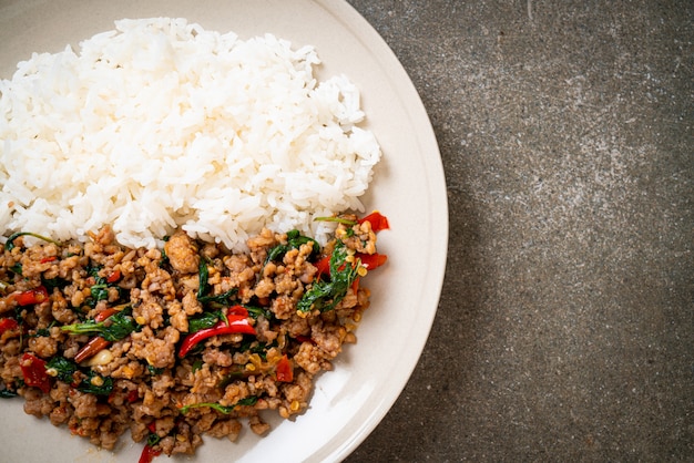 Stir fried Thai basil with minced pork on topped rice