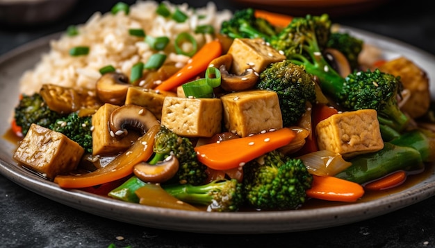 Stir fried vegetable plate with tofu and beef generated by AI