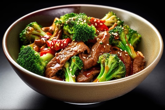 Stir fry of beef and broccoli in a bowl